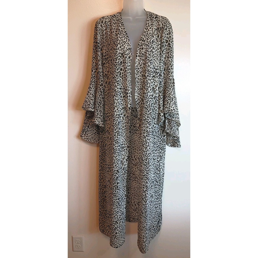 Umgee Leopard Print Long Duster Kimono Tiered Bell Sleeve Boho Chic Western L